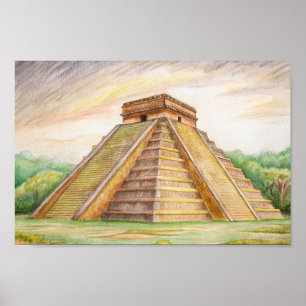 Chichen Itza Mayan Tempel in Mexico Tekening Poster