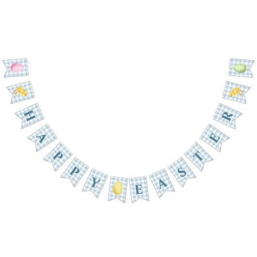 Chick And Pastel Eggs Happy Easter Blue Gingham Vlaggetjes (Alle)