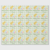 Chick And Pastel Eggs Happy Easter Green Gingham Cadeaupapier (Vlak)