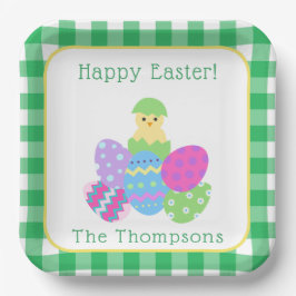 Chick Colored Eggs Green Check Happy Easter Papieren Bordje