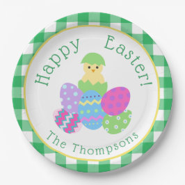 Chick Colored Eggs Green Check Happy Easter Round Papieren Bordje