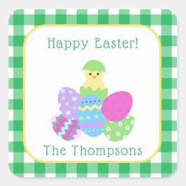Chick Colored Eggs Green Check Happy Easter Vierkante Sticker