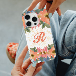 Chick Modern Peach Waterverf Floral Monogram R iPhone 15 Pro Case