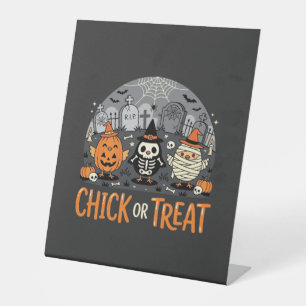 Chick or Treat Schattig Halloween Kerkhof Design_1 Reclamebord Met Voetstuk