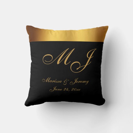 Chick Zwart Goud Monogram Script Bruiloft Kussen (Achterkant)