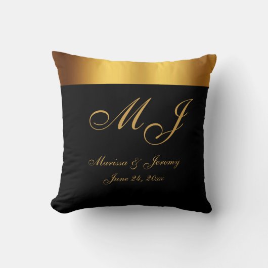 Chick Zwart Goud Monogram Script Bruiloft Kussen (Voorkant)