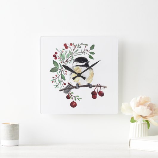 Chickadee Aquarelle Oiseau Art Carré Horloge mural (Maison)