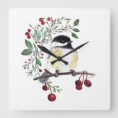 Chickadee Aquarelle Oiseau Art Carré Horloge mural (Recto)
