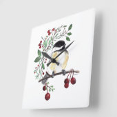 Chickadee Aquarelle Oiseau Art Carré Horloge mural (Angle)
