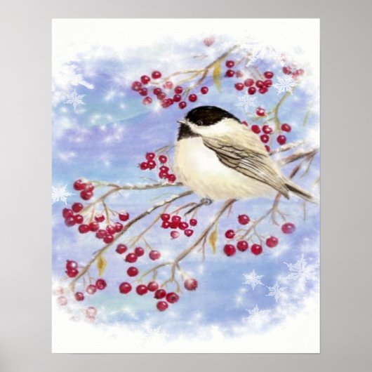 Chickadee Bird Berries Frosty Window Winter art Poster (Voorkant)
