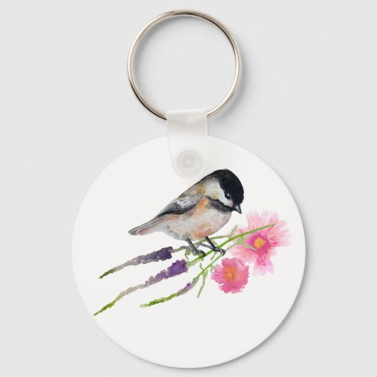 Chickadee Bird Flowers Sleutelhanger (Voorkant)