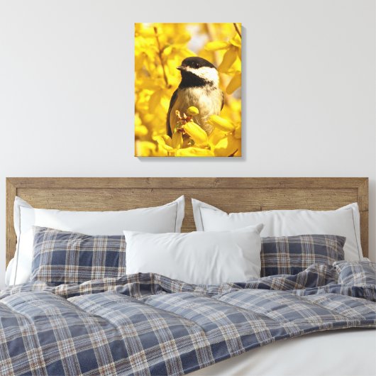 Chickadee Bird in Forsythia Flowers Canvas Print (Insitu (Slaapkamer))