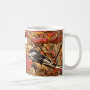 Chickadee Bird in Pink and Red Autumn Leaves Koffiemok