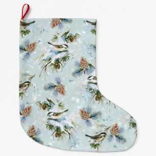 Chickadee Bird Pinecone Snow Winter Kerstmis Blauw Grote Kerstsok