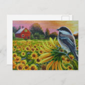Chickadee Bird Sunflower Red Barn Waterverf Art Briefkaart (Voorkant / Achterkant)