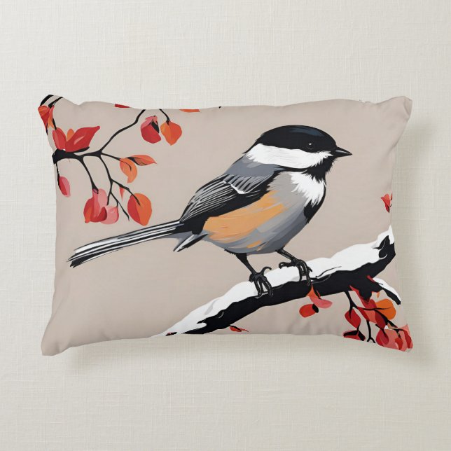 Chickadee Bird Tree Natuur Art Sinaasappel Bladere Accent Kussen (Voorkant)