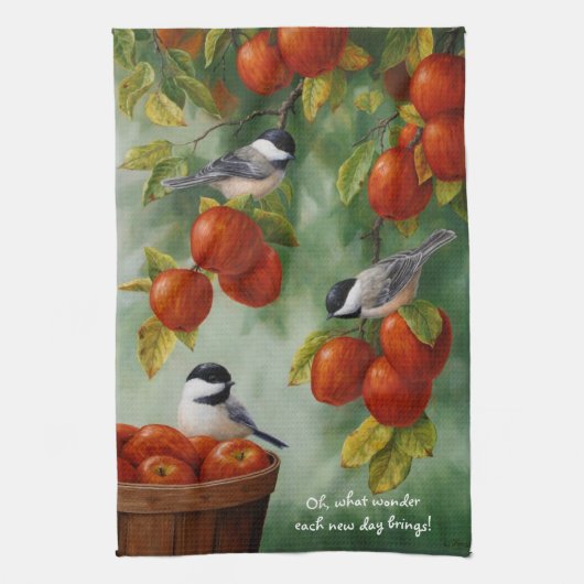 Chickadee Birds Apple Harvest Theedoek (Verticaal)