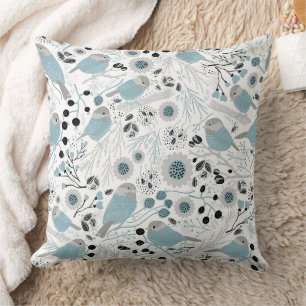Chickadee Birds Cute Blue Gray Flowers Berries Kussen