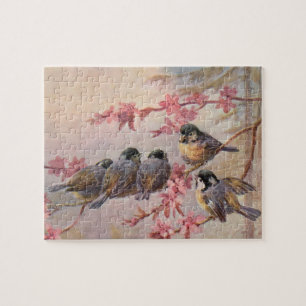 Chickadee Birds on Pink Blossom Spring Legpuzzel