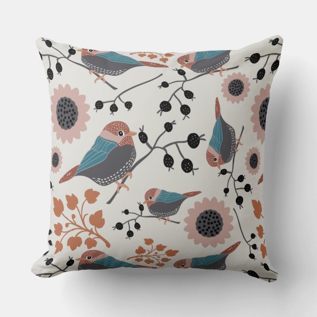 Chickadee Birds Pink Blauwgroen Pattern Kussen (Voorkant)