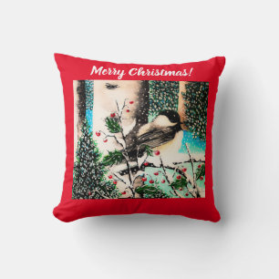 Chickadee de Noël Chatter Coussin rouge