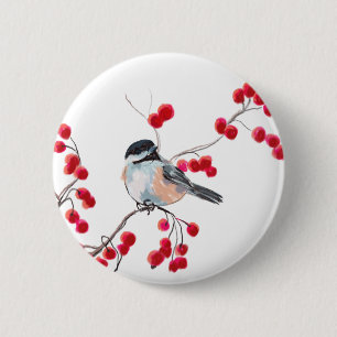 CHICKADEE EN RED BERRIES VAN SHARON SHARPE RONDE BUTTON 5,7 CM