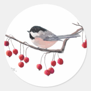 CHICKADEE EN RED BERRIES VAN SHARON SHARPE RONDE STICKER
