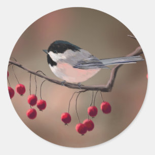 CHICKADEE EN RED BERRIES VAN SHARON SHARPE RONDE STICKER
