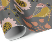 Chickadee Gold Pink Black Berries Flowers Pattern Cadeaupapier (Rol Hoek)