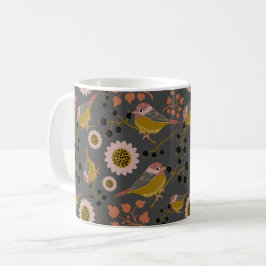 Chickadee Gold Pink Black Berries Flowers Pattern Koffiemok