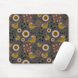 Chickadee Gold Pink Black Berries Flowers Pattern Muismat