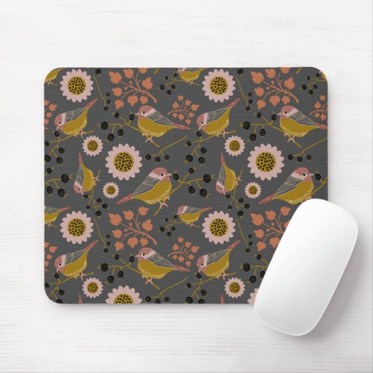 Chickadee Gold Pink Black Berries Flowers Pattern Muismat (Met muis)