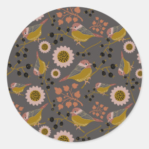 Chickadee Gold Pink Black Berries Flowers Pattern Ronde Sticker