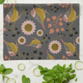 Chickadee Gold Pink Black Berries Flowers Pattern Theedoek (Gevouwen)