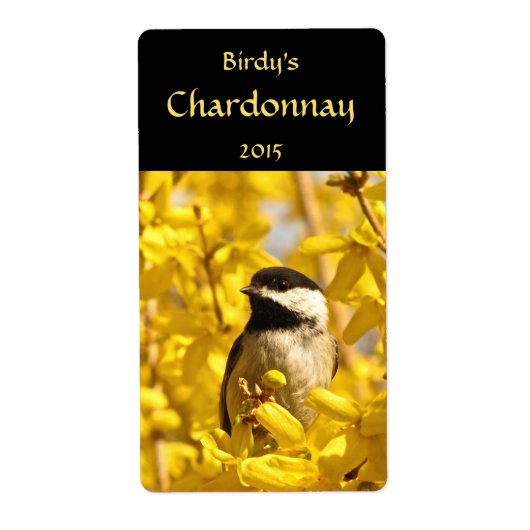 Chickadee in Forsythia Flowers Wine Labels (Voorkant)