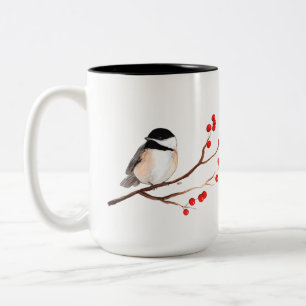 Chickadee met Red Berries - Single Branch Tweekleurige Koffiemok