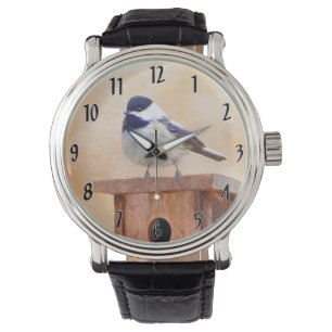Chickadee on feeder Painting - Original Bird Art Horloge