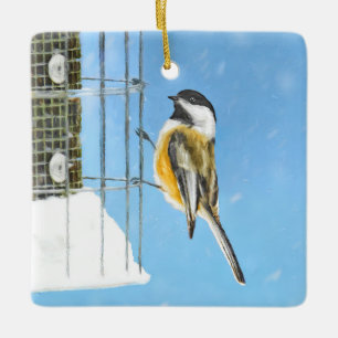 Chickadee on feeder Painting - Original Bird Art Keramisch Ornament