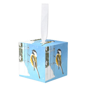 Chickadee on feeder Painting - Original Bird Art Kubus Ornament