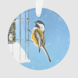 Chickadee on feeder Painting - Original Bird Art Ornament