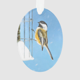 Chickadee on feeder Painting - Original Bird Art Ornament