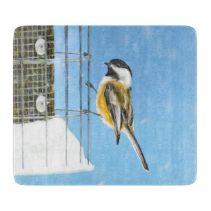 Chickadee on feeder Painting - Original Bird Art Snijplank