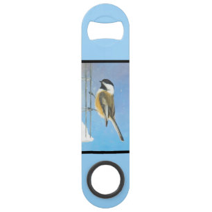 Chickadee on feeder Painting - Original Bird Art Speed Flessenopener