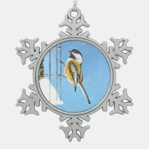 Chickadee on feeder Painting - Original Bird Art Tin Sneeuwvlok Ornament