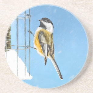 Chickadee on feeder Painting - Original Bird Art Zandsteen Onderzetter