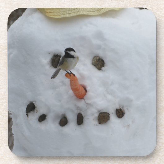 Chickadee on Snowman Carrot Nose Bier Onderzetter (Voorkant)