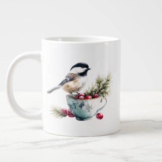 Chickadee on Teacup With Cranberries Extra Grote Beker (Links)