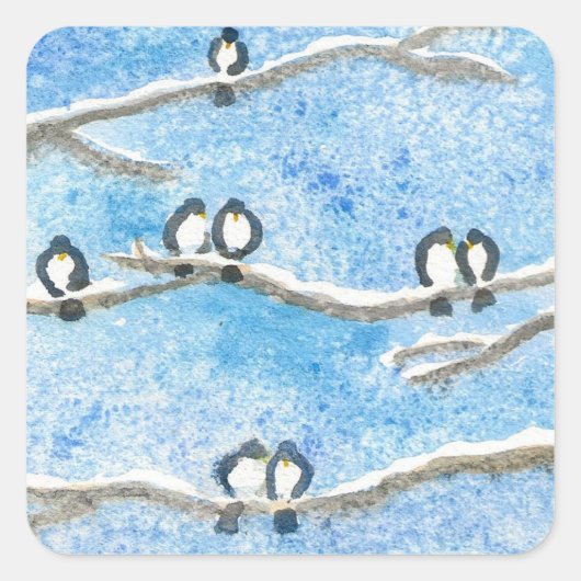 Chickadee on Tree Branches in Winter Snow Gift Ta Vierkante Sticker (Voorkant)