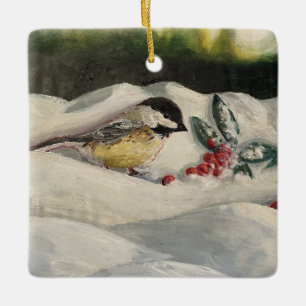 Chickadee on Winter Snow with Mistle-Toe Keramisch Ornament