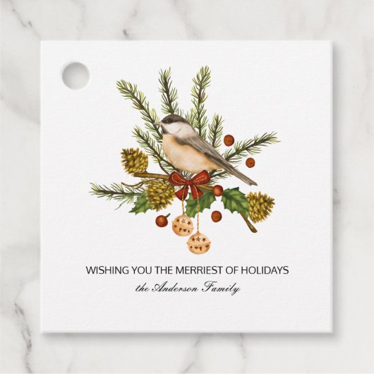 Chickadee Pine Branch Holly kerstcadeau Bedankjes Labels (Voorkant)